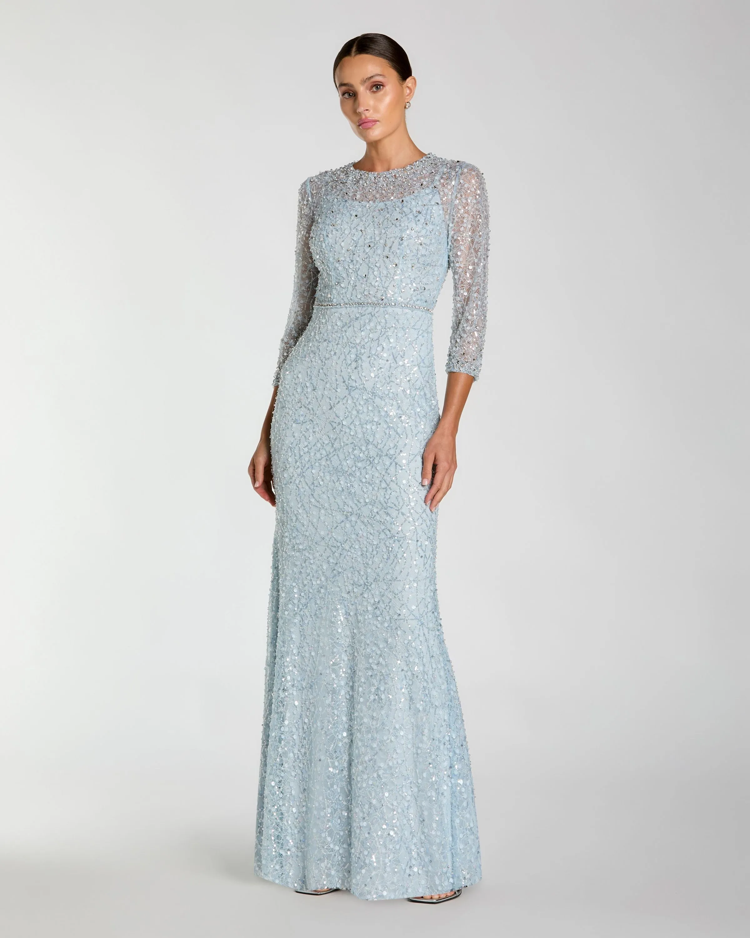 Blue Beaded 3/4 Sleeve Trumpet Gown sold by Mac Duggal