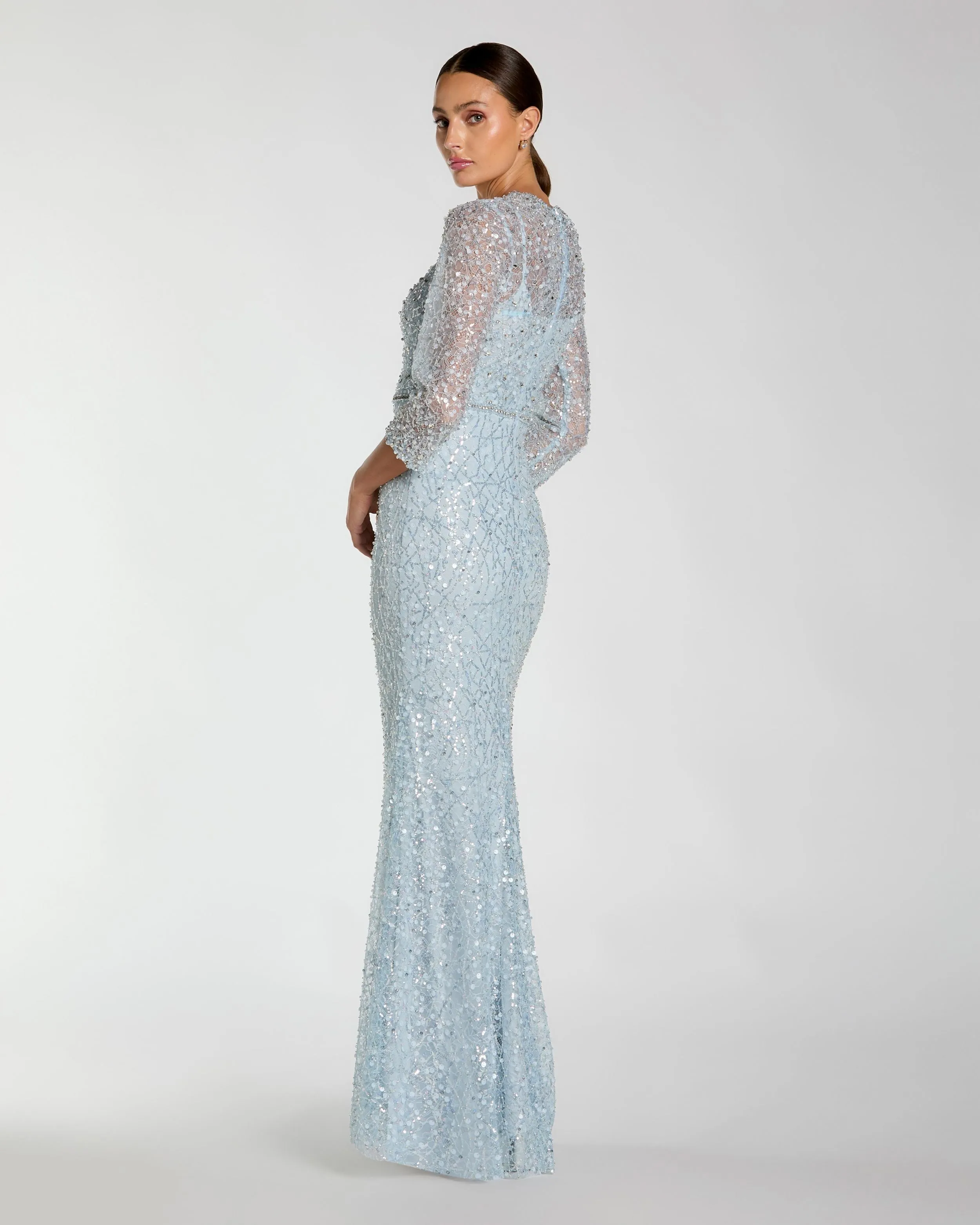 Blue Beaded 3/4 Sleeve Trumpet Gown sold by Mac Duggal product image thumbnail 3
