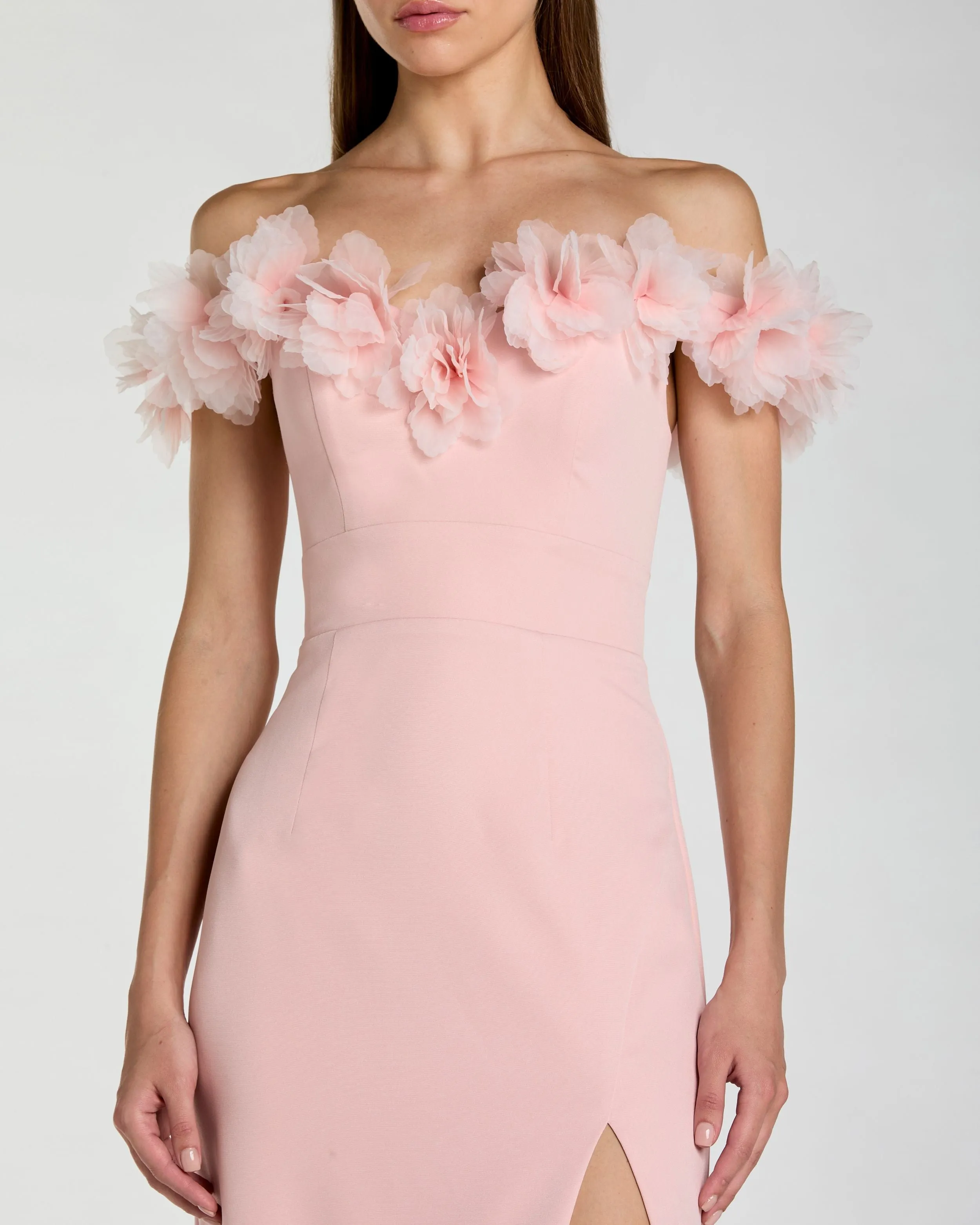 Pink Off The Shoulder Column Gown With 3D Flowers sold by Mac Duggal product image thumbnail 2
