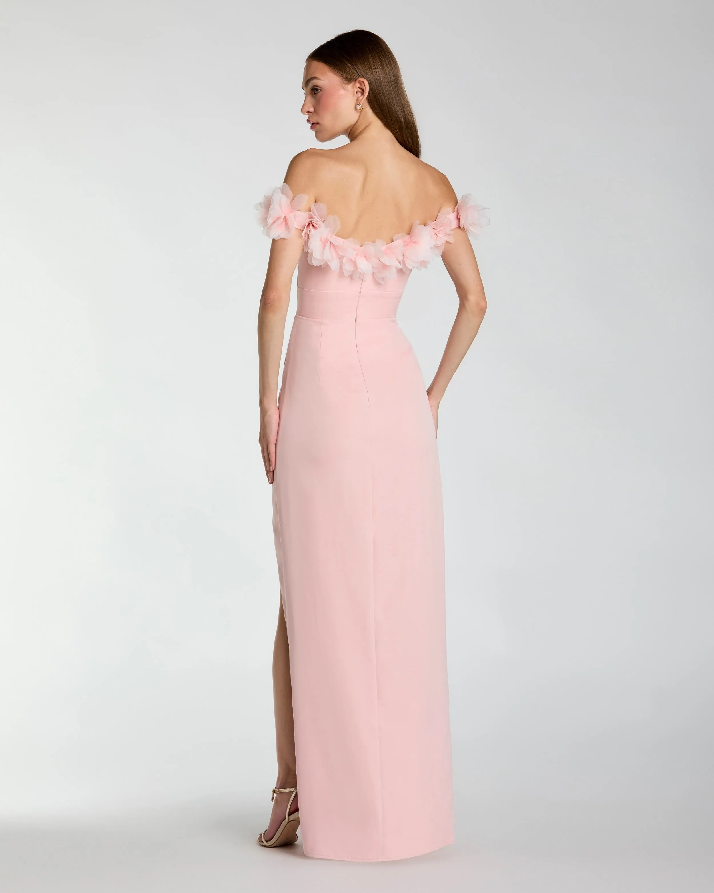 Pink Off The Shoulder Column Gown With 3D Flowers sold by Mac Duggal product image thumbnail 3