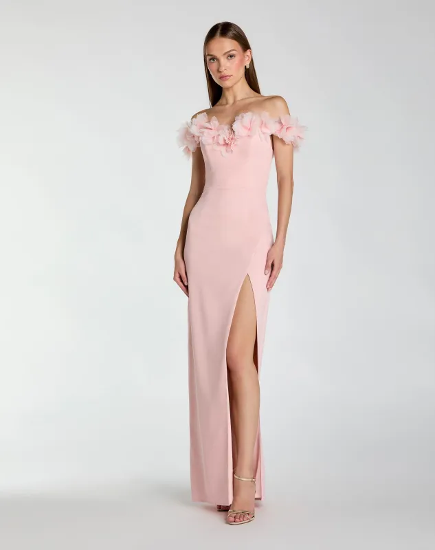Pink Off The Shoulder Column Gown With 3D Flowers sold by Mac Duggal