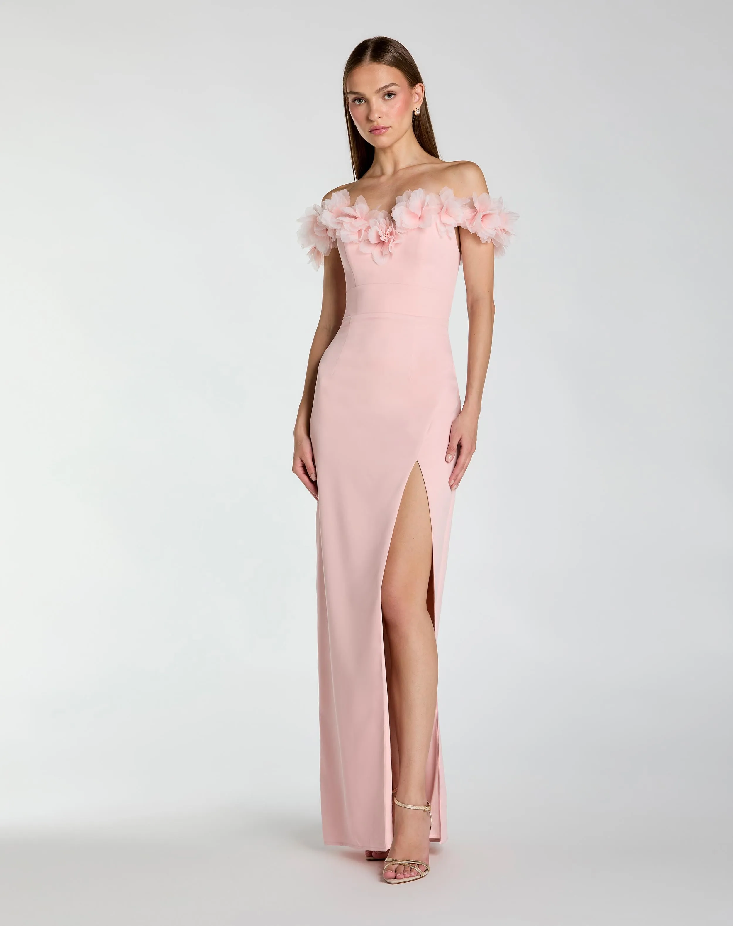 Pink Off The Shoulder Column Gown With 3D Flowers sold by Mac Duggal