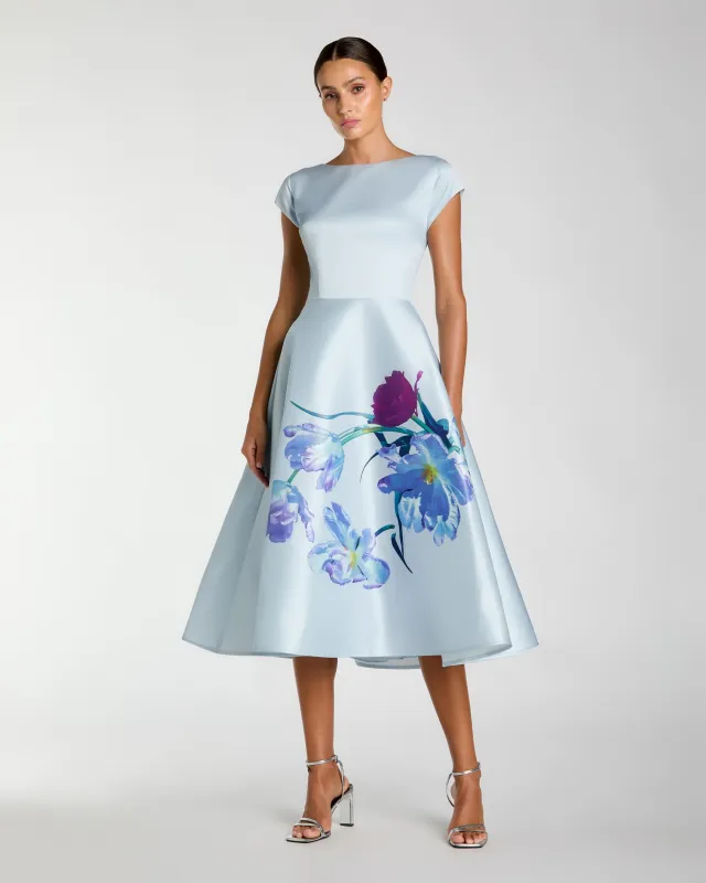 Blue Satin Cap Sleeve Midi Dress With Floral Print made by Mac Duggal