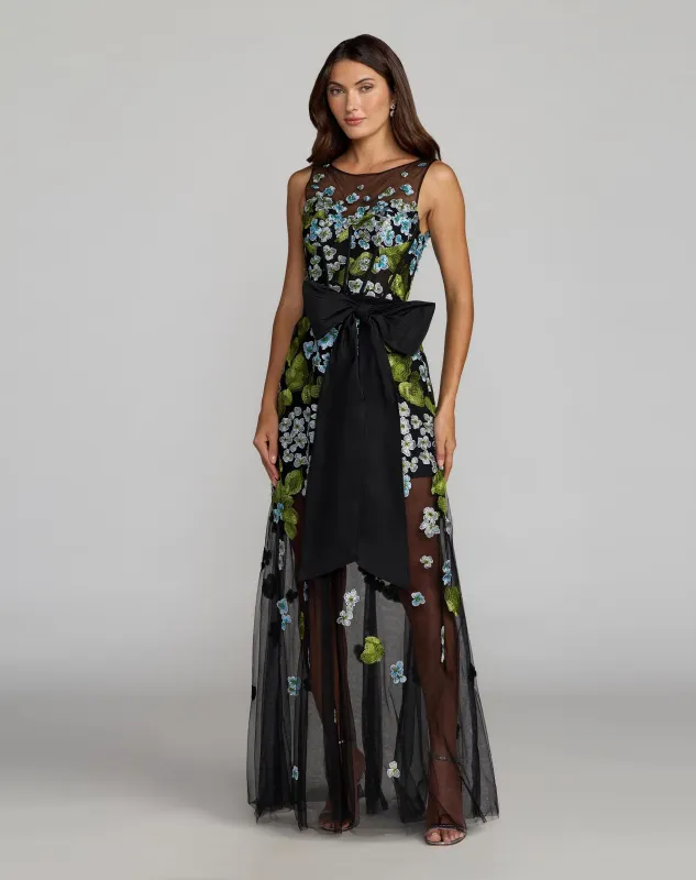 Black Floral Embroidered Corset Gown With Bow made by Mac Duggal