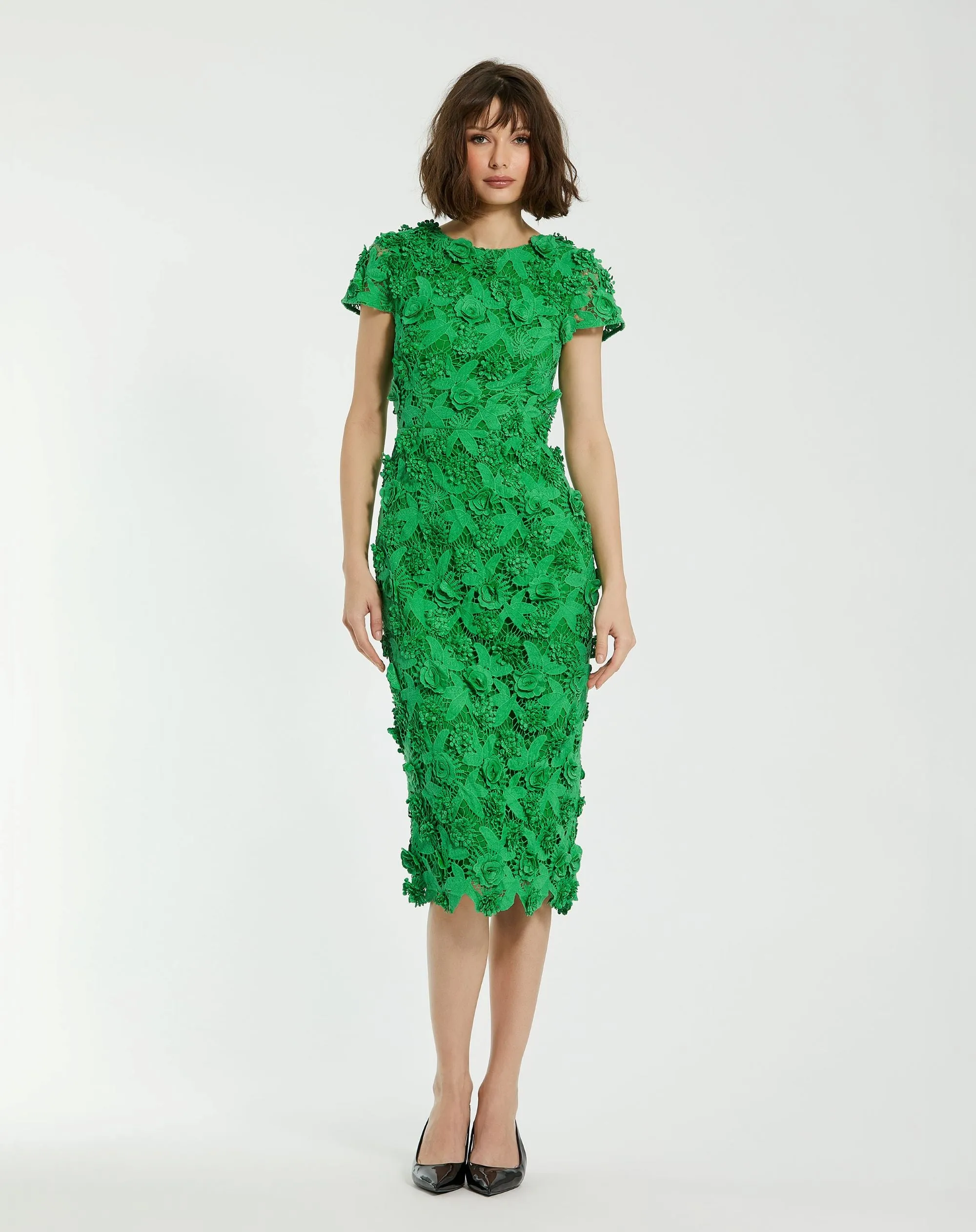 Green Floral Lace Fitted Short Sleeve Midi Dress sold by Mac Duggal