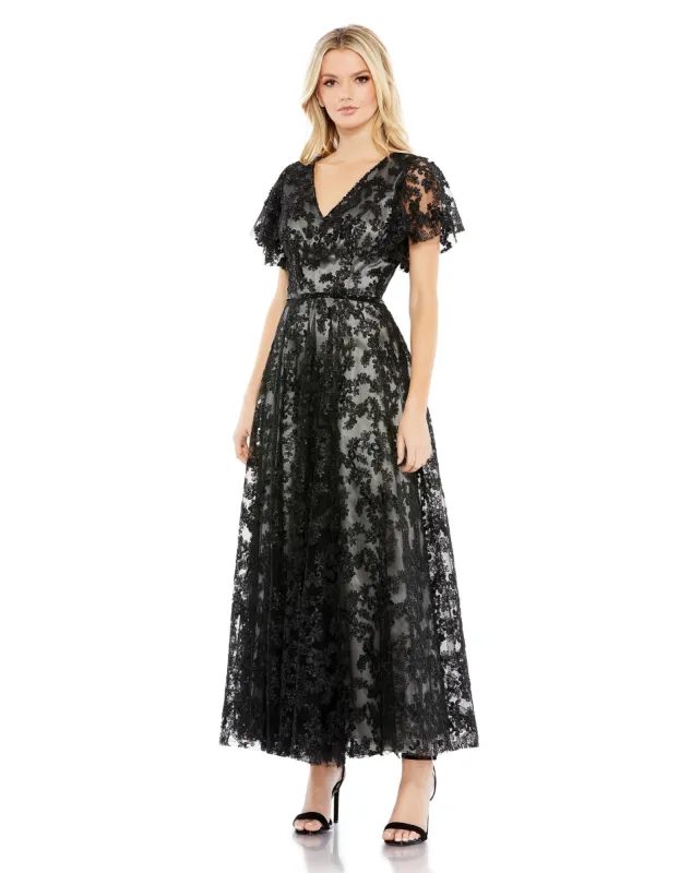 Black Embroidered Flutter Sleeve A Line Dress sold by Mac Duggal