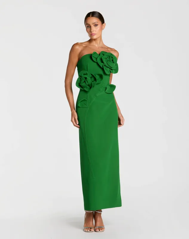 Petite Green Strapless Crepe Dress With 3D Flower Detail sold by Mac Duggal