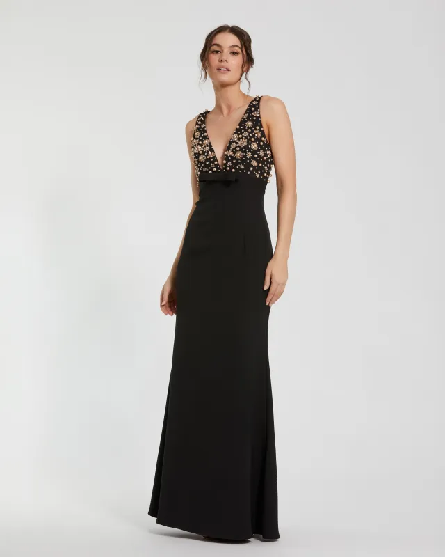 Petite Black Crepe Sleeveless Beaded V Neck Gown With Bow sold by Mac Duggal