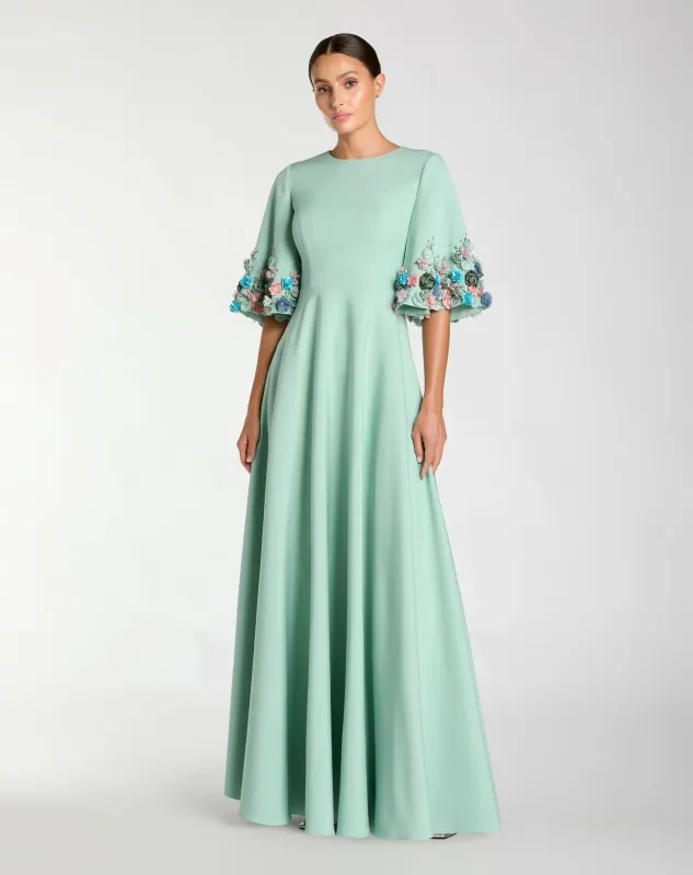Green Crepe 3/4 Sleeve A-line Gown With Flower Trim sold by Mac Duggal
