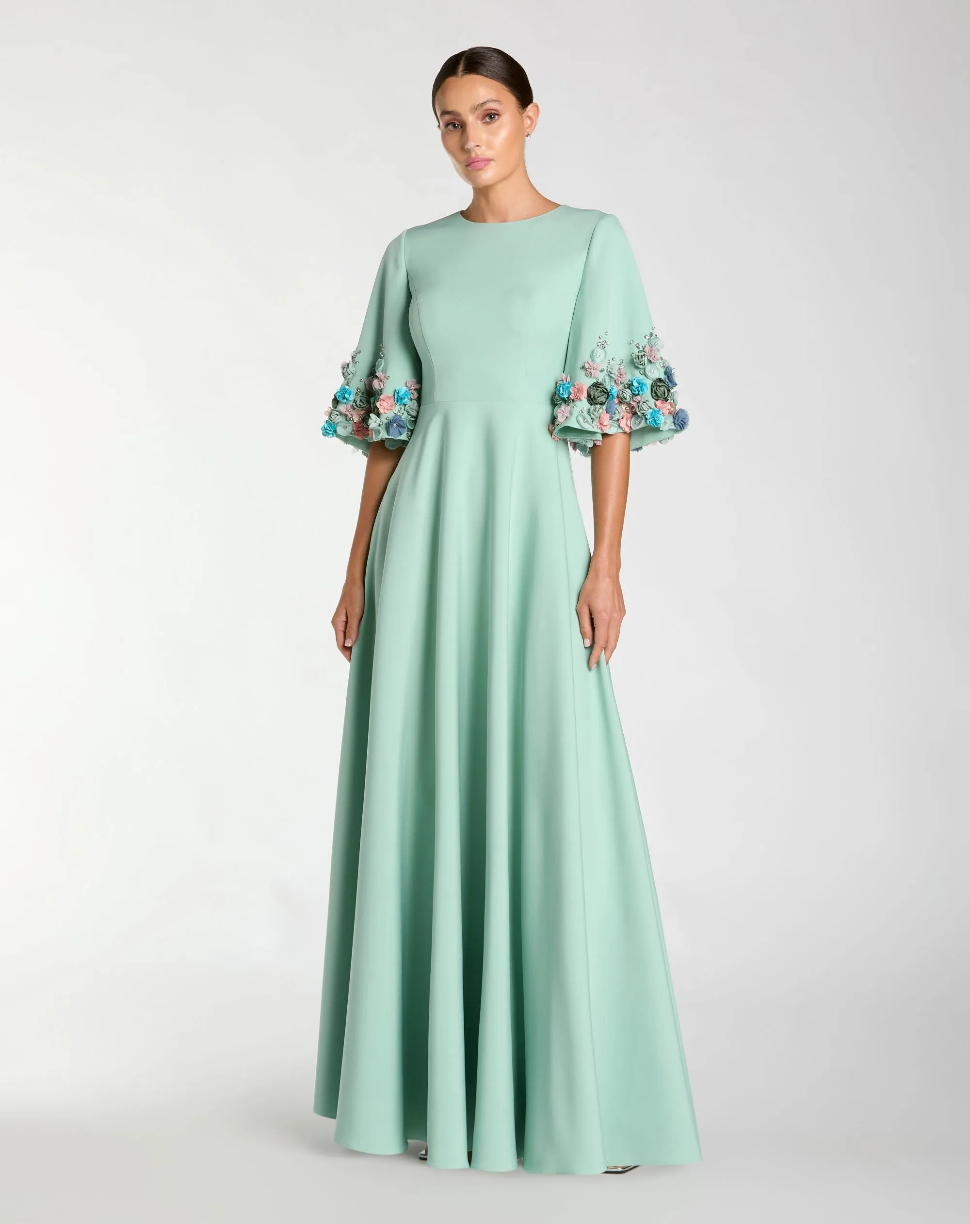 Green Crepe 3/4 Sleeve A-line Gown With Flower Trim sold by Mac Duggal