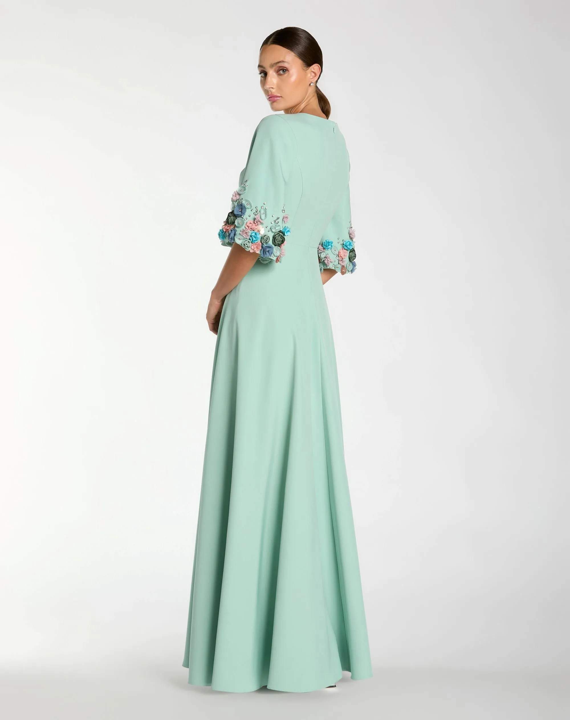 Green Crepe 3/4 Sleeve A-line Gown With Flower Trim sold by Mac Duggal product image thumbnail 3