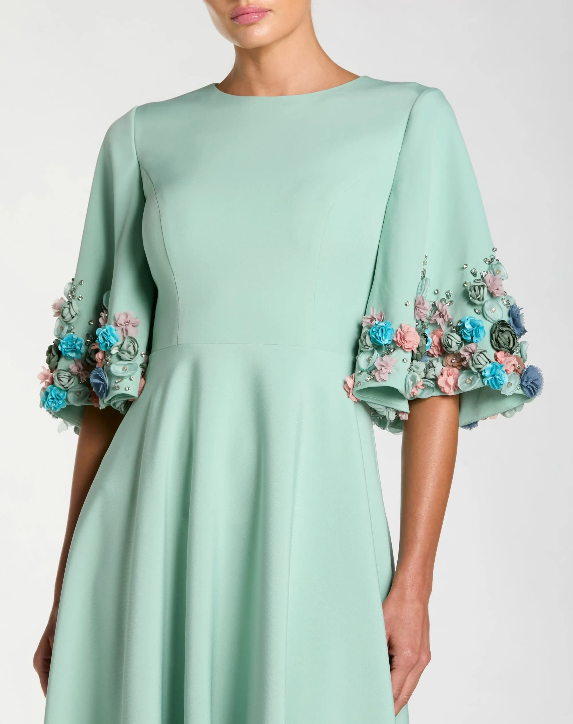 Green Crepe 3/4 Sleeve A-line Gown With Flower Trim sold by Mac Duggal product image thumbnail 2