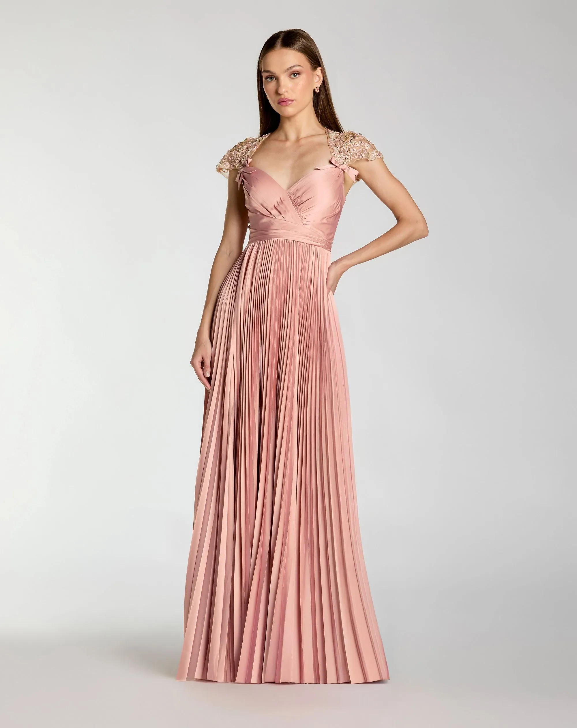 Pink Pleated Charmeuse Embellished Cap Sleeve Gown sold by Mac Duggal