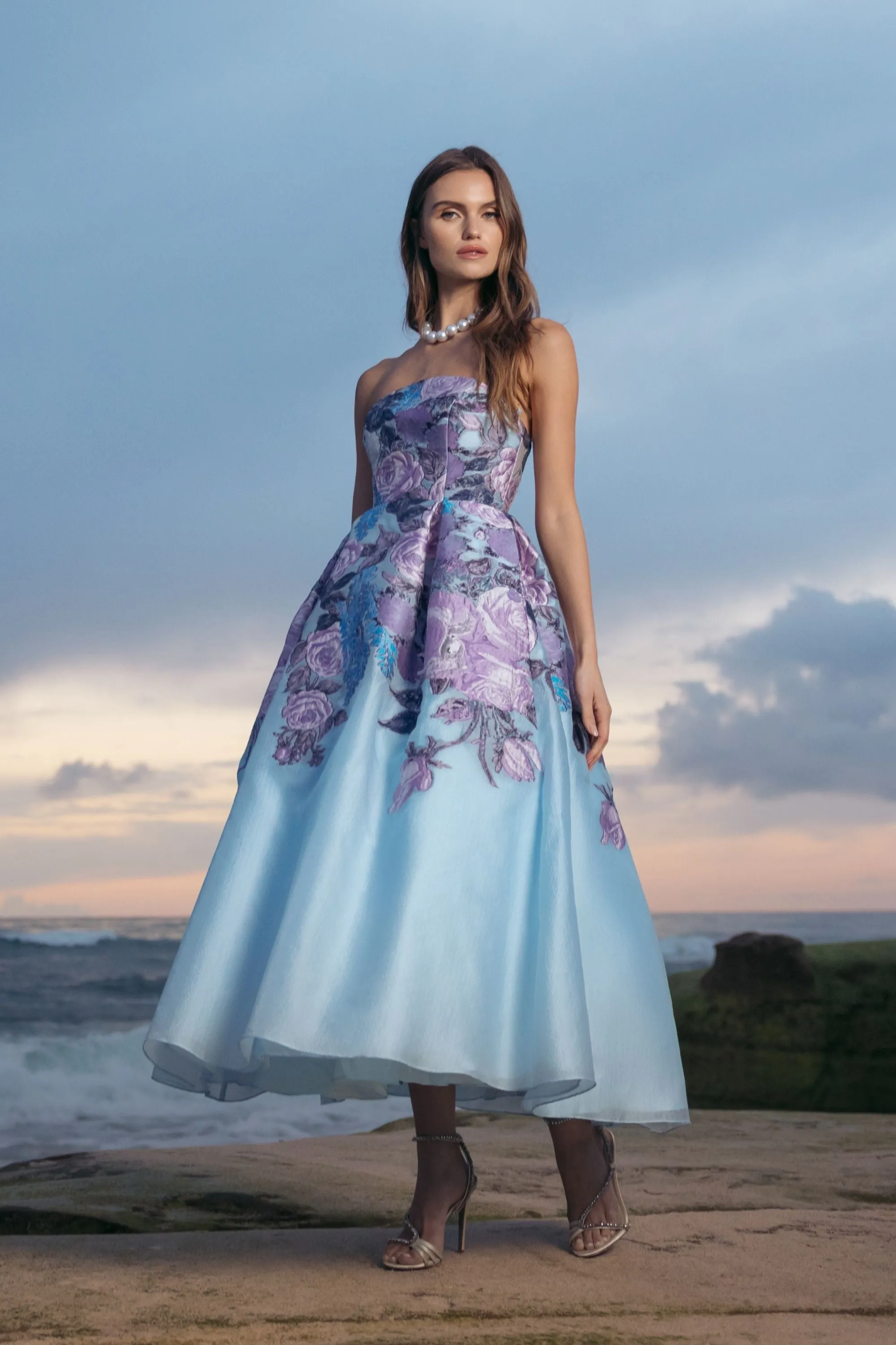 Blue Floral Embroidered Strapless Organza Midi Dress sold by Mac Duggal product image thumbnail 5