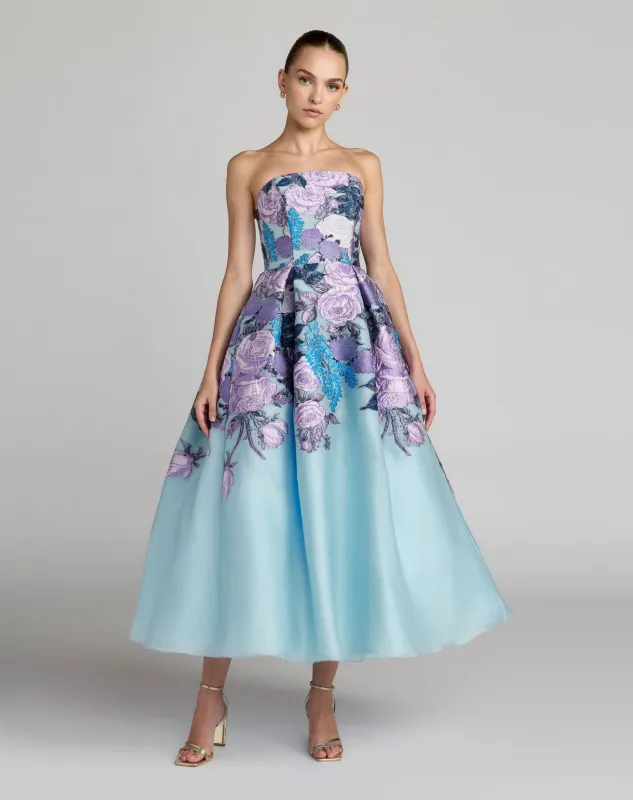 Blue Floral Embroidered Strapless Organza Midi Dress made by Mac Duggal