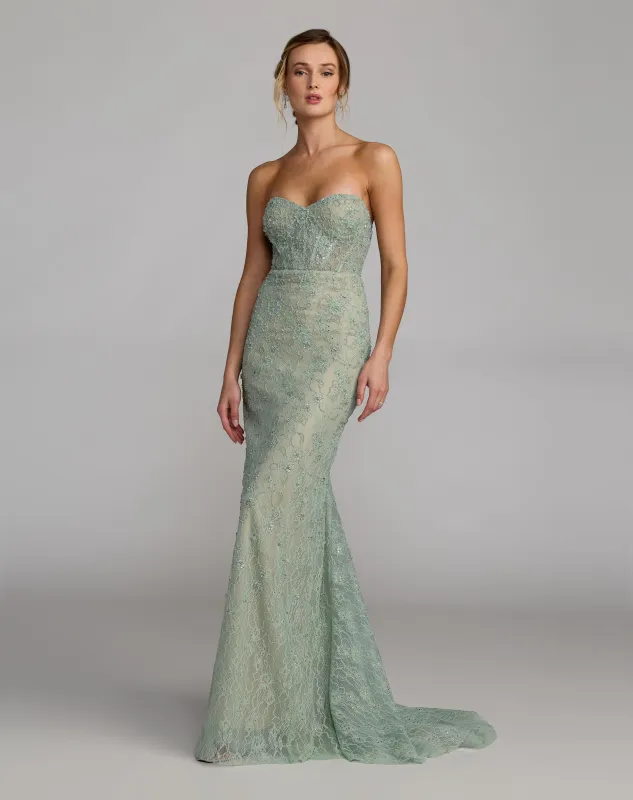 Green Embellished Strapless Bustier Gown With Sweeping Train sold by Mac Duggal