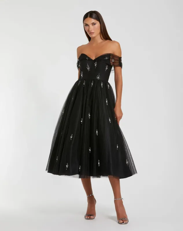 Tulle Off The Shoulder Pearl Embellished Cocktail Dress made by Mac Duggal