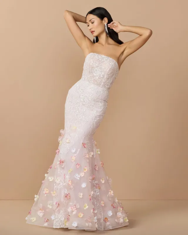Pink Strapless Embellished Mermaid Gown With 3D Floral Hem made by Mac Duggal