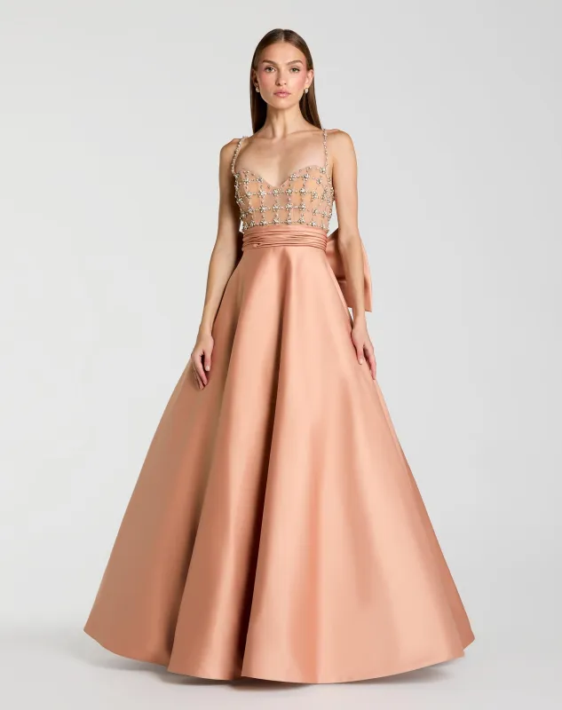 Peach Embellished Bodice Sweetheart Neck Satin Ball Gown made by Mac Duggal