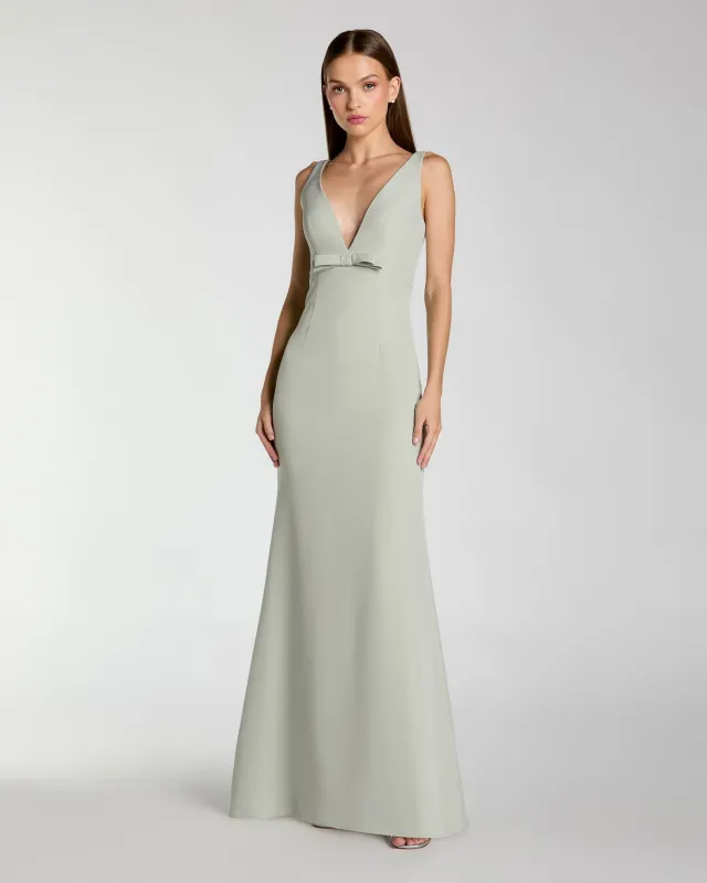 Light Green Crepe V-Neck Mermaid Gown with Bow sold by Mac Duggal