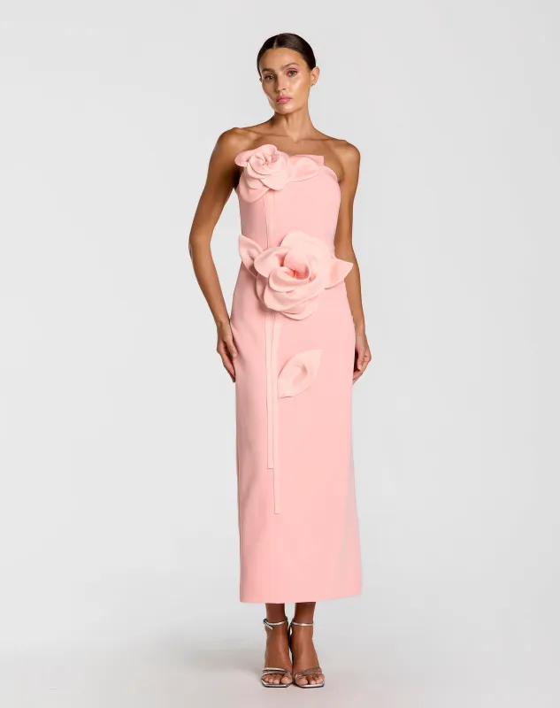 Pink Strapless Crepe Dress With 3D Satin Flowers sold by Mac Duggal