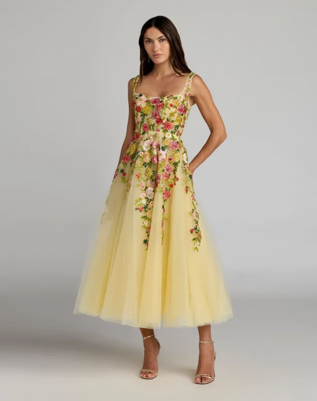 Yellow Embroidered Tulle A-Line Midi Dress sold by Mac Duggal