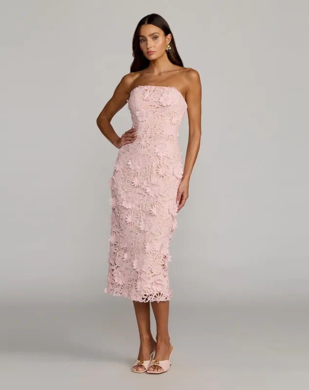 Pink Strapless 3D Floral Midi Dress made by Mac Duggal