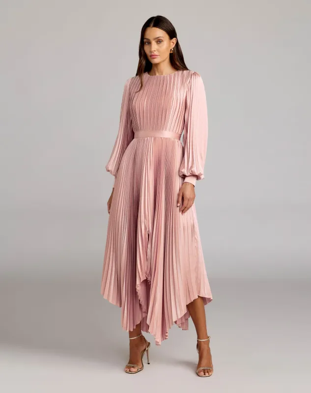 Pink Long Sleeve Pleated Charmeuse Handkerchief Dress made by Mac Duggal