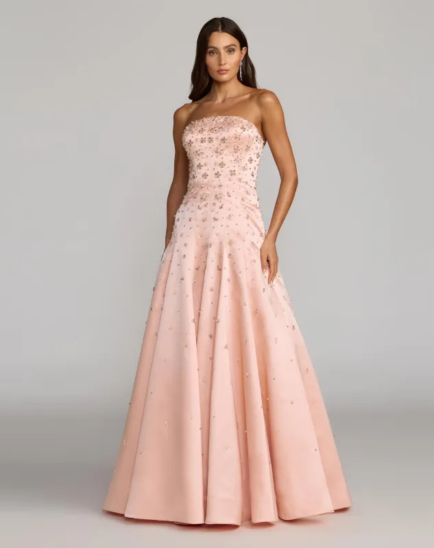 Pink Strapless Embellished Satin Ball Gown With Pockets made by Mac Duggal
