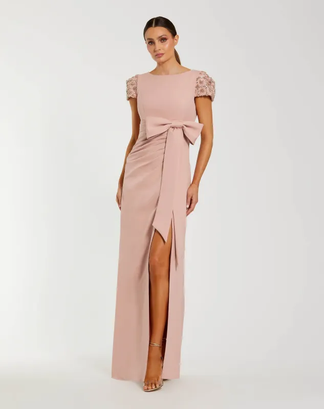 Pink Beaded Cap Sleeve Crepe Gown With Bow and Slit sold by Mac Duggal