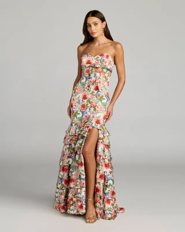 Multicolor Floral Strapless Ruffle Hem Mermaid Gown made by Mac Duggal