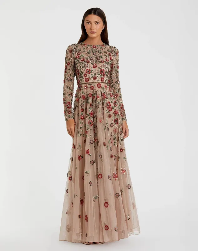 Petite Beige Embellished High Neck Long Sleeve A Line Gown sold by Mac Duggal