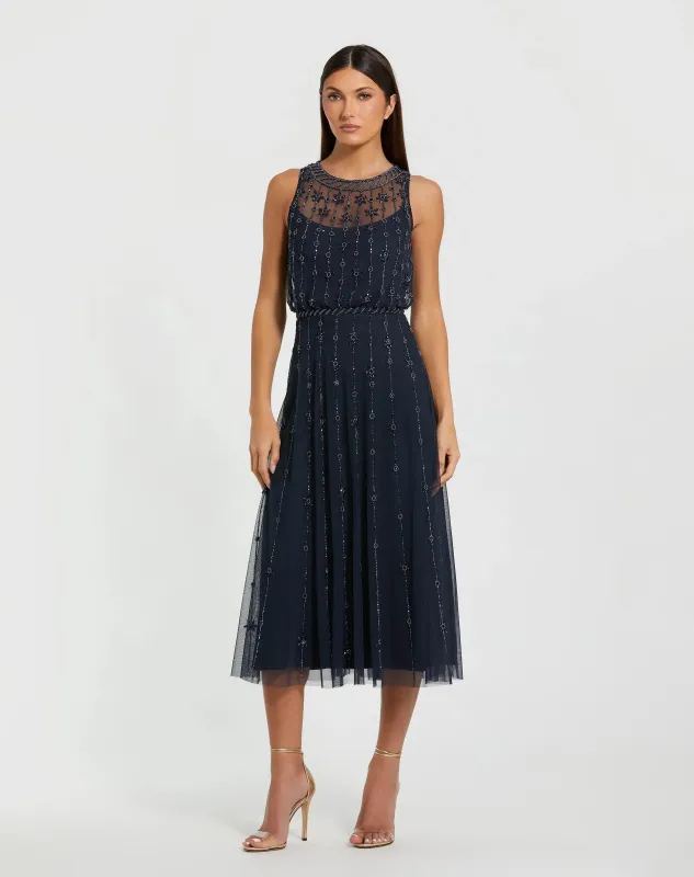 Navy High Neck Sleeveless Embellished A Line Cocktail Dress made by Mac Duggal