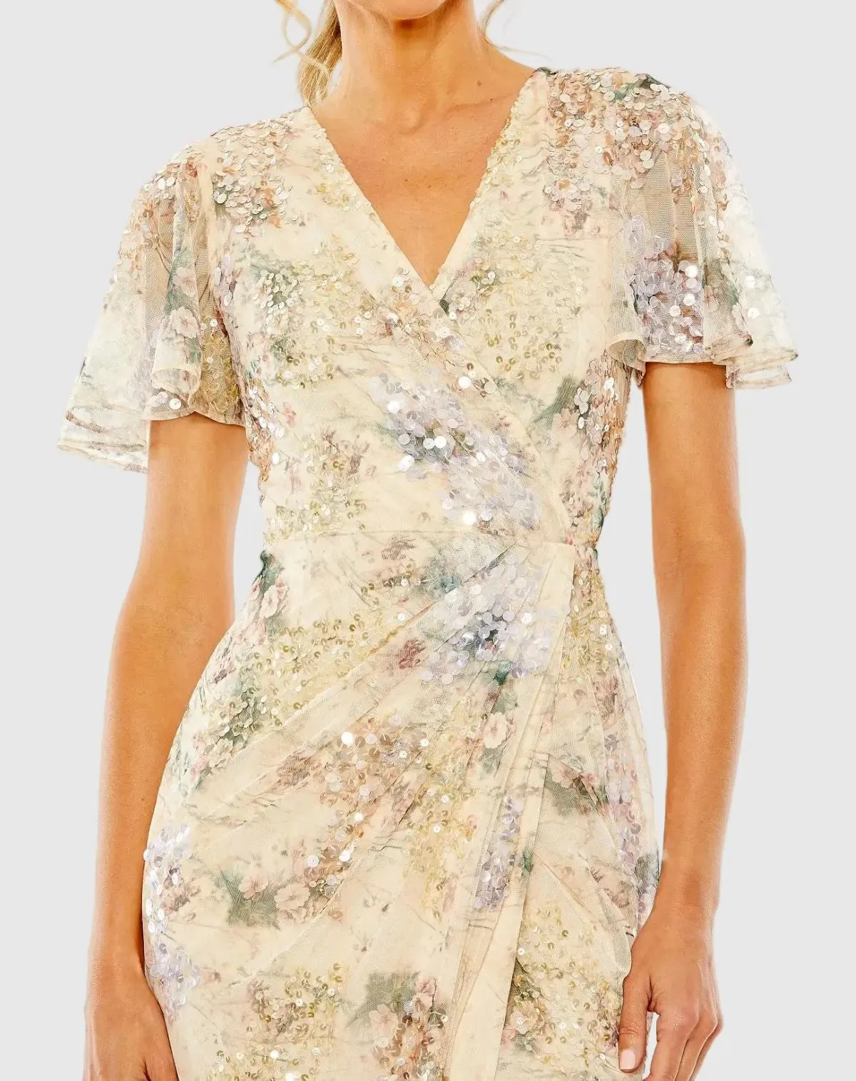 Beige Flutter Sleeve Embellished Evening Gown sold by Mac Duggal product image thumbnail 2