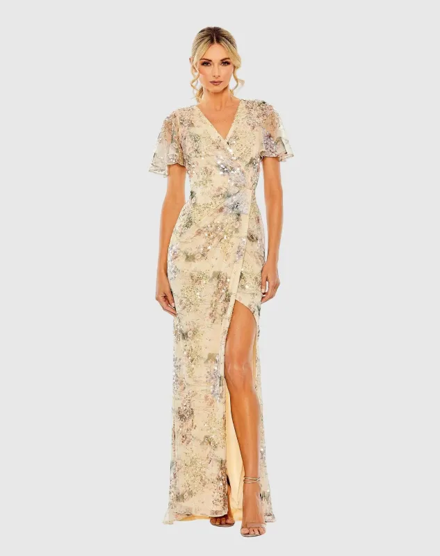 Beige Flutter Sleeve Embellished Evening Gown made by Mac Duggal
