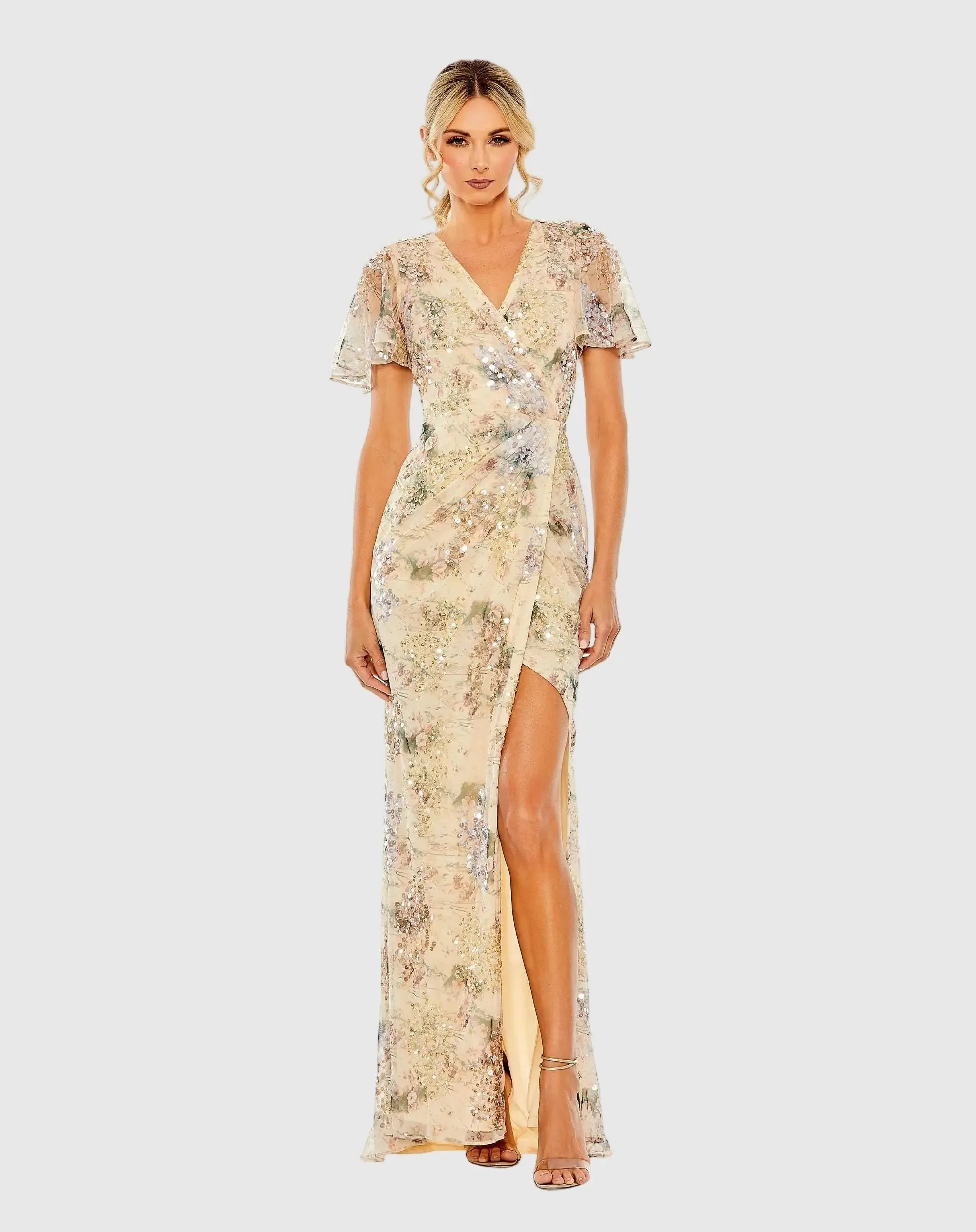 Beige Flutter Sleeve Embellished Evening Gown sold by Mac Duggal