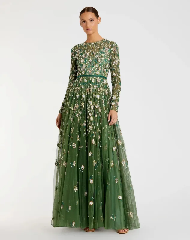 Petite Green Embellished High Neck Long Sleeve A Line Gown made by Mac Duggal