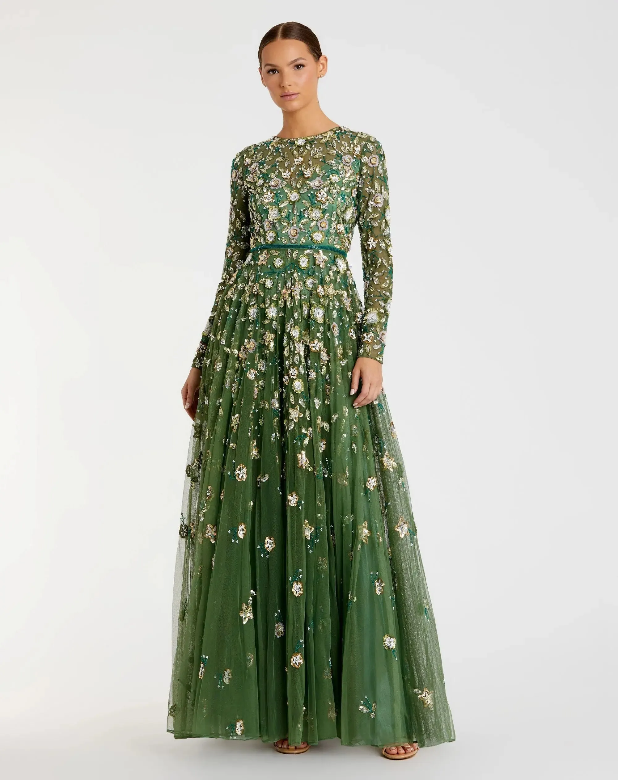 Petite Green Embellished High Neck Long Sleeve A Line Gown sold by Mac Duggal