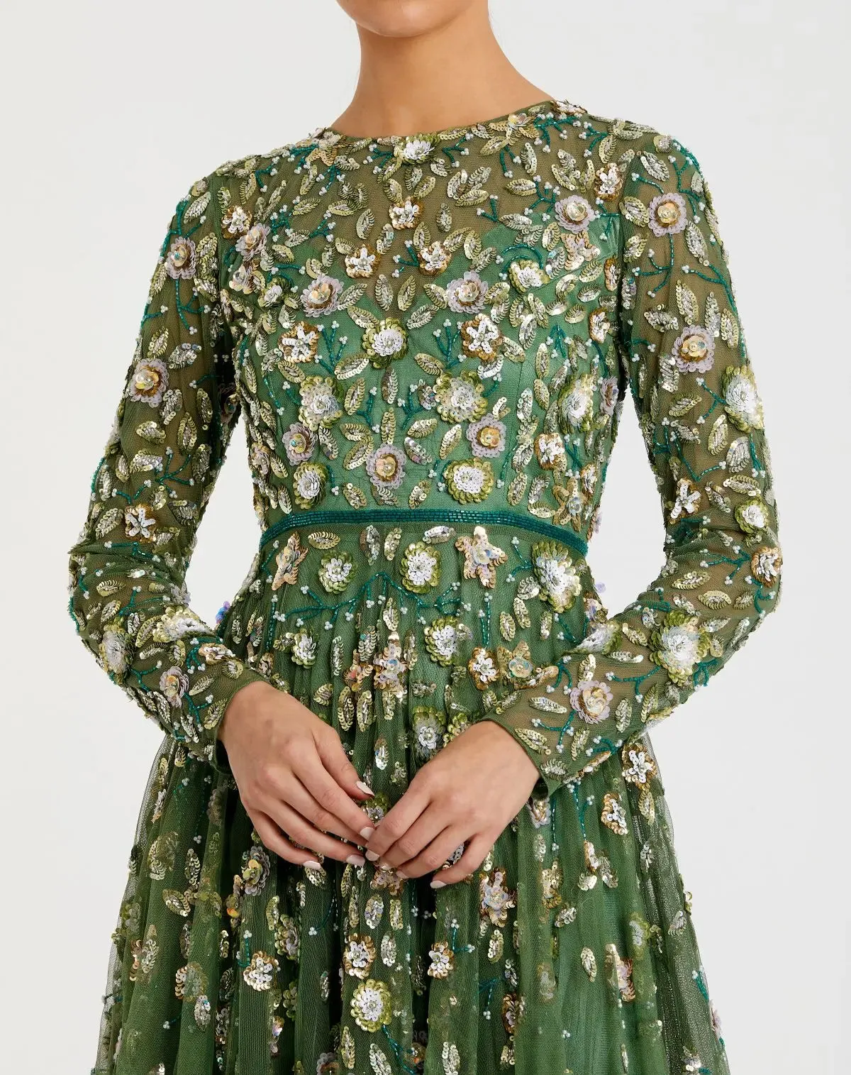 Petite Green Embellished High Neck Long Sleeve A Line Gown sold by Mac Duggal product image thumbnail 2