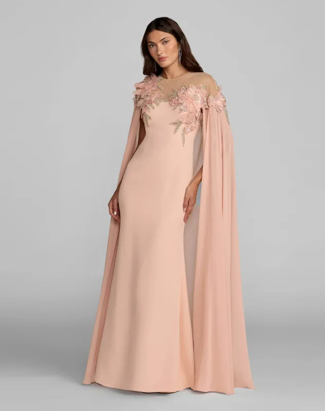 Pink Embellished Crepe Gown With Chiffon Cape made by Mac Duggal