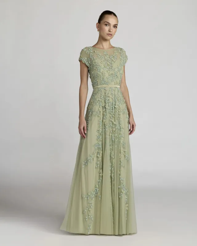 Green Floral Embellished Cap Sleeve Gown made by Mac Duggal