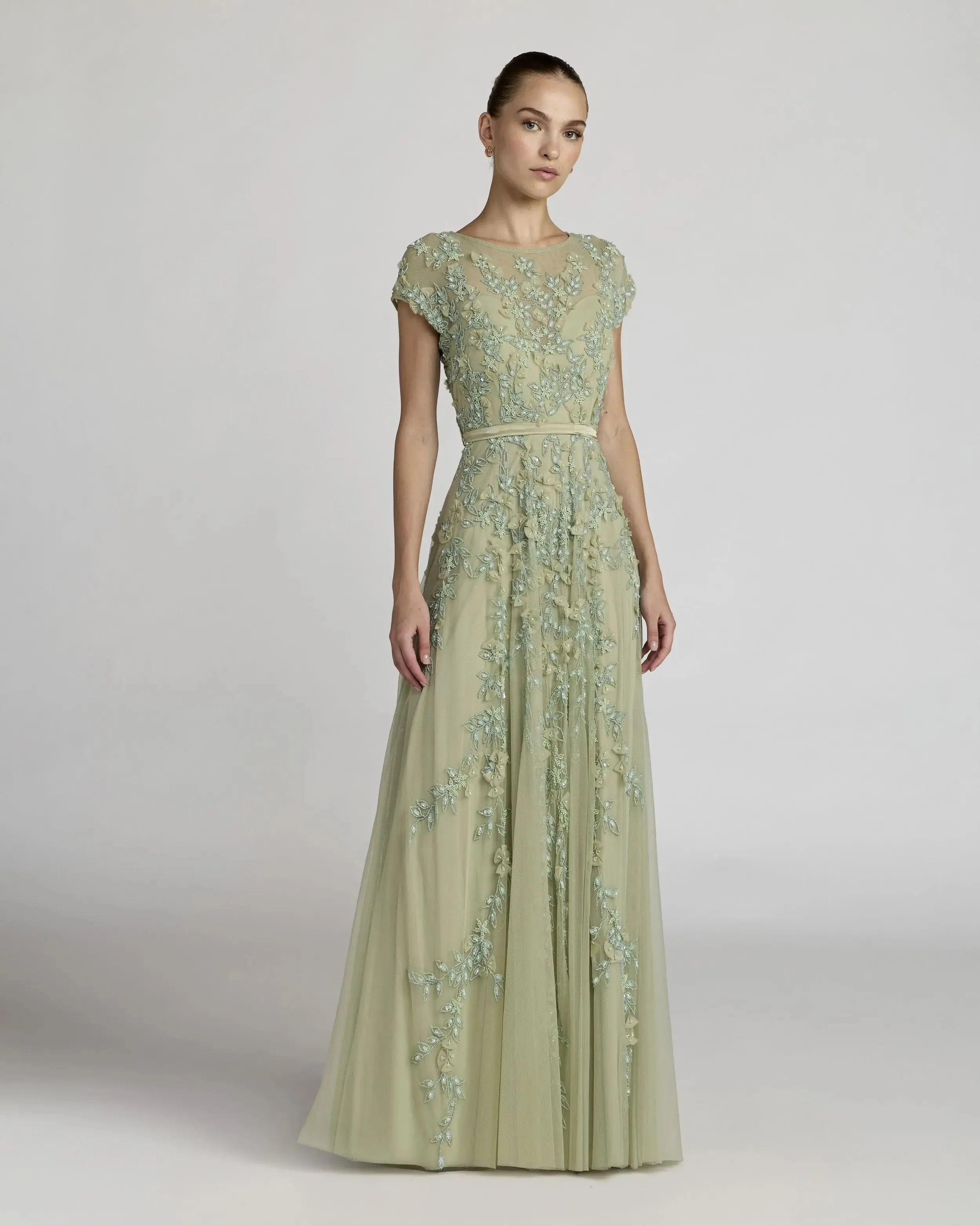 Green Floral Embellished Cap Sleeve Gown sold by Mac Duggal
