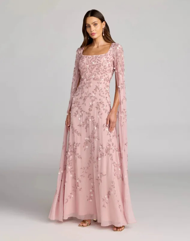 Petite Pink Beaded Square Neck Cape Sleeve Gown made by Mac Duggal