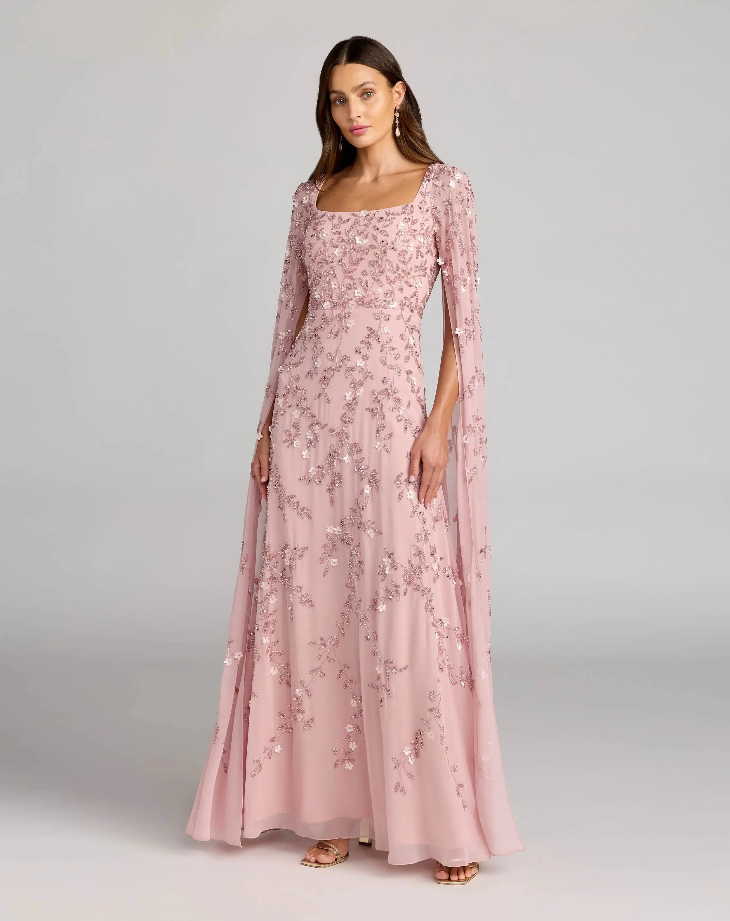 Petite Pink Beaded Square Neck Cape Sleeve Gown sold by Mac Duggal