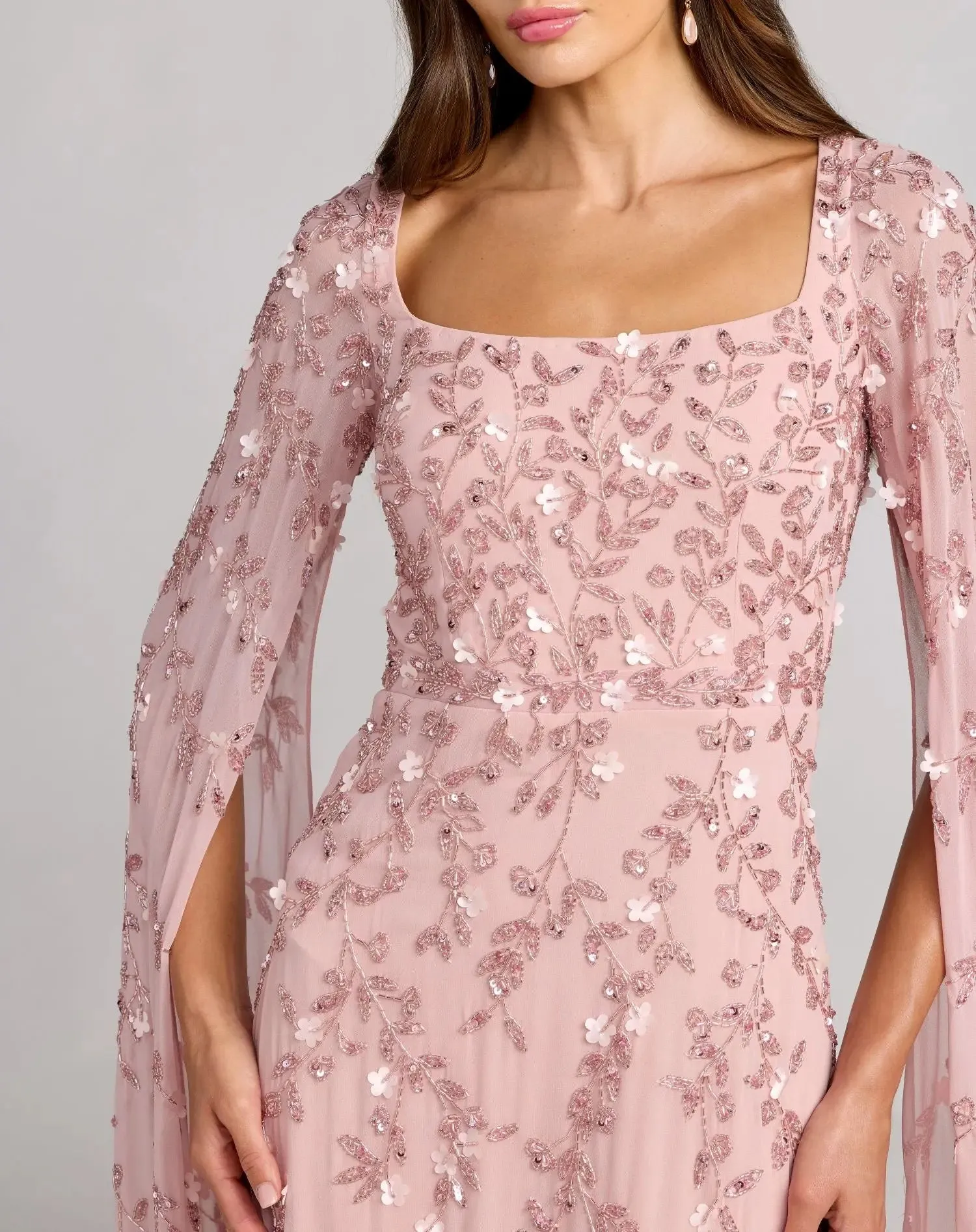 Petite Pink Beaded Square Neck Cape Sleeve Gown sold by Mac Duggal product image thumbnail 2
