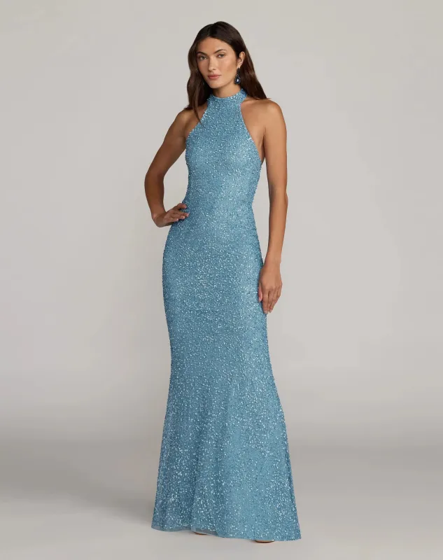 Blue Embellished Halter Neck Open Back Column Gown made by Mac Duggal