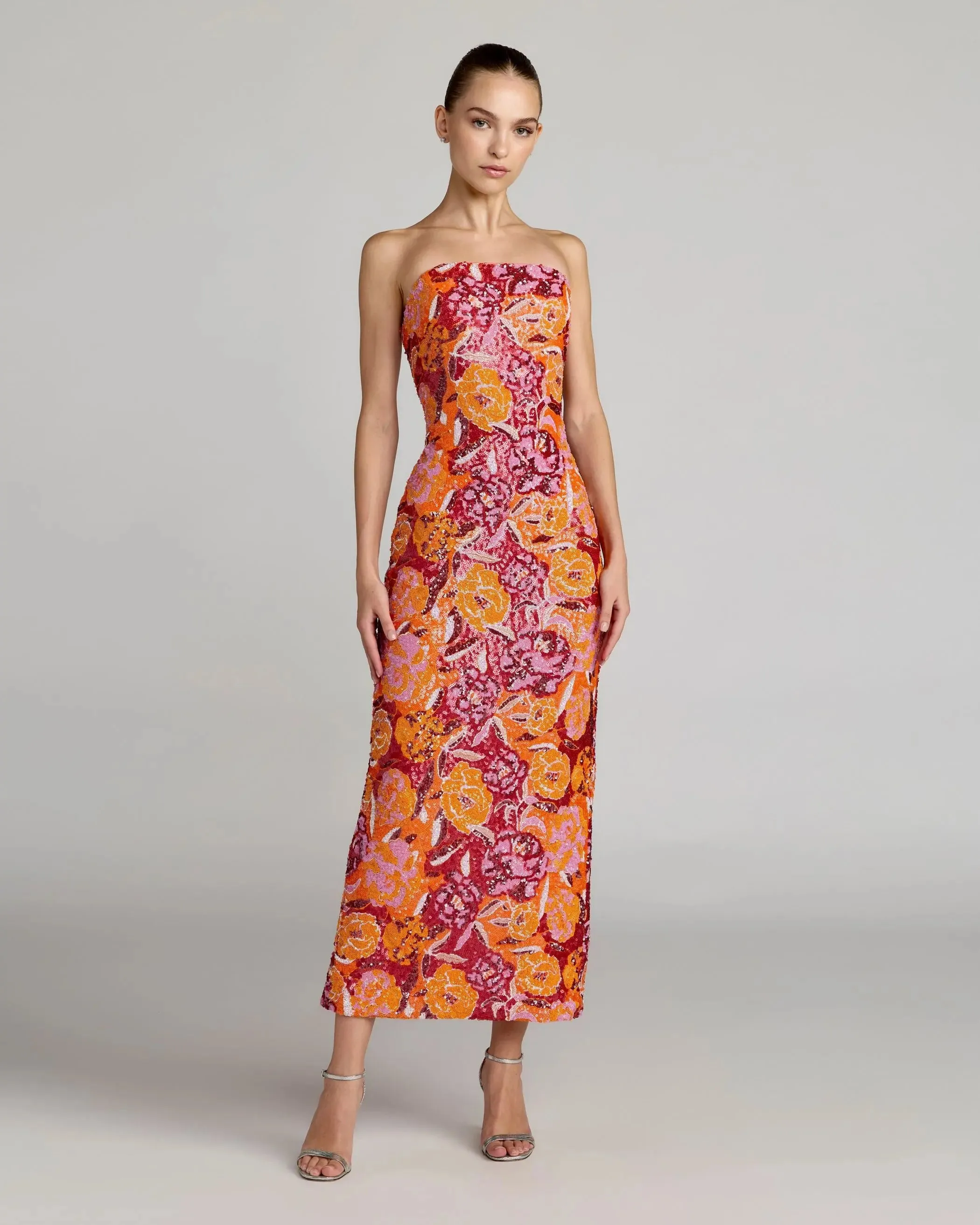 Pink and Orange Strapless Floral Sequin Midi Dress sold by Mac Duggal