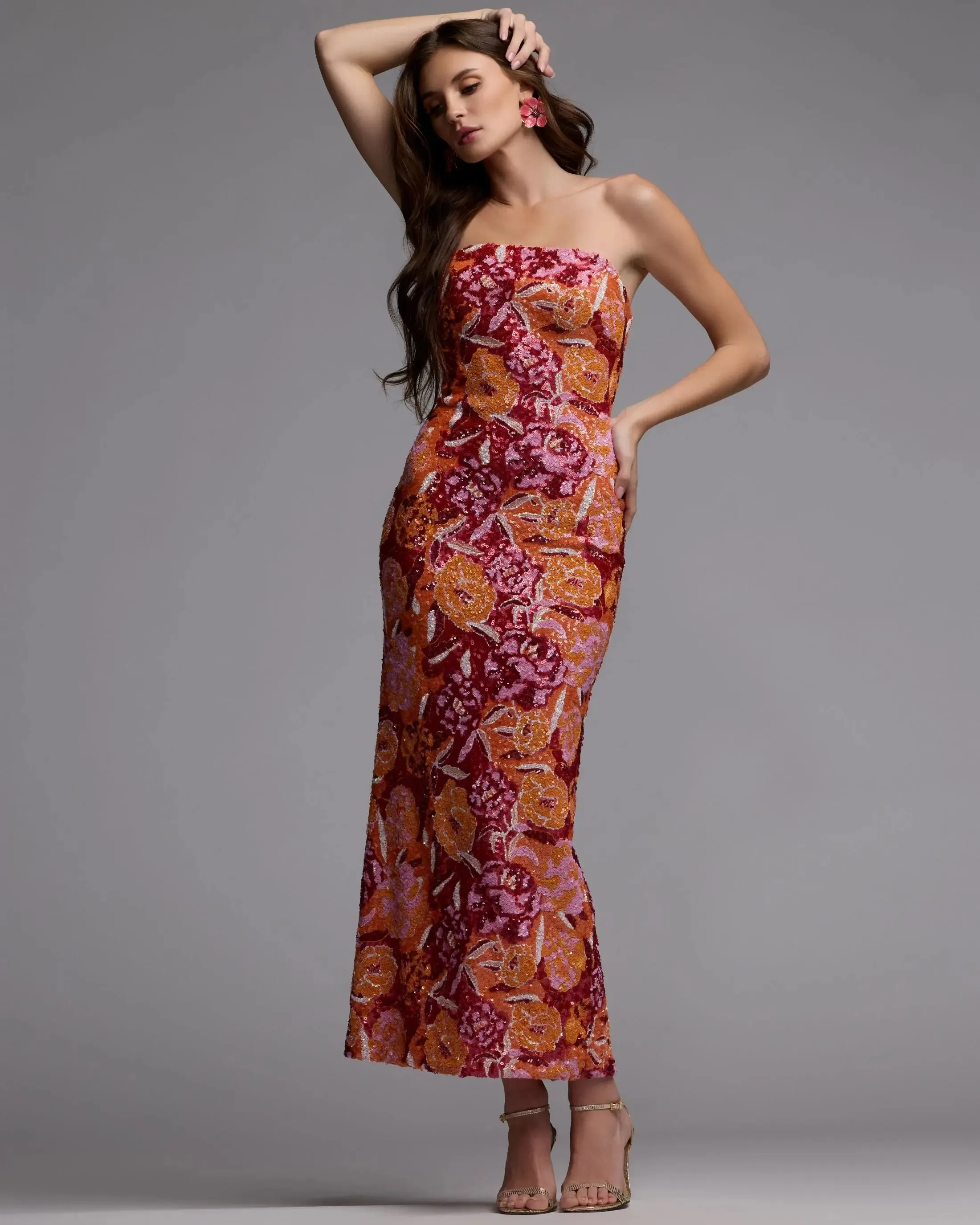 Pink and Orange Strapless Floral Sequin Midi Dress sold by Mac Duggal product image thumbnail 4
