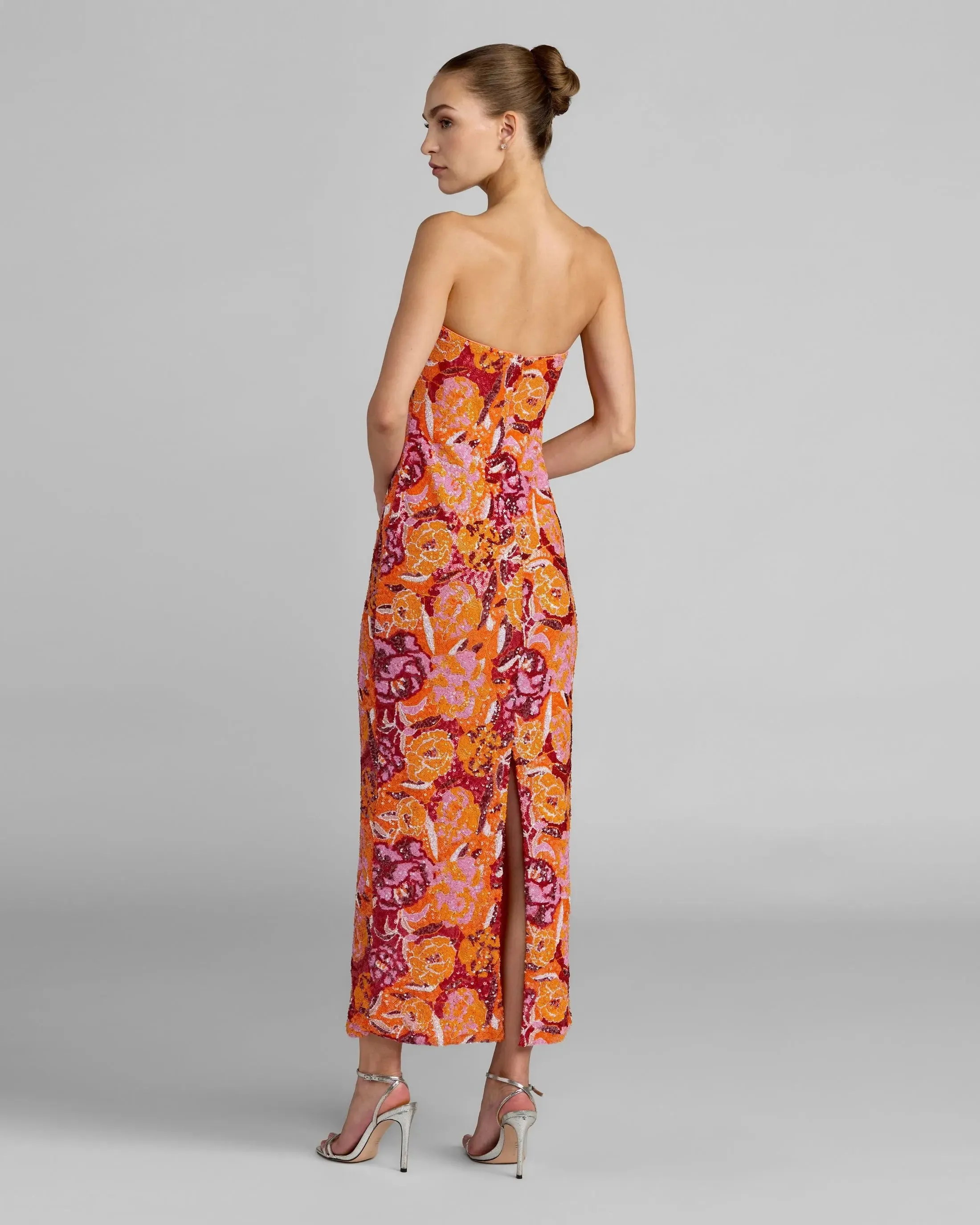 Pink and Orange Strapless Floral Sequin Midi Dress sold by Mac Duggal product image thumbnail 3