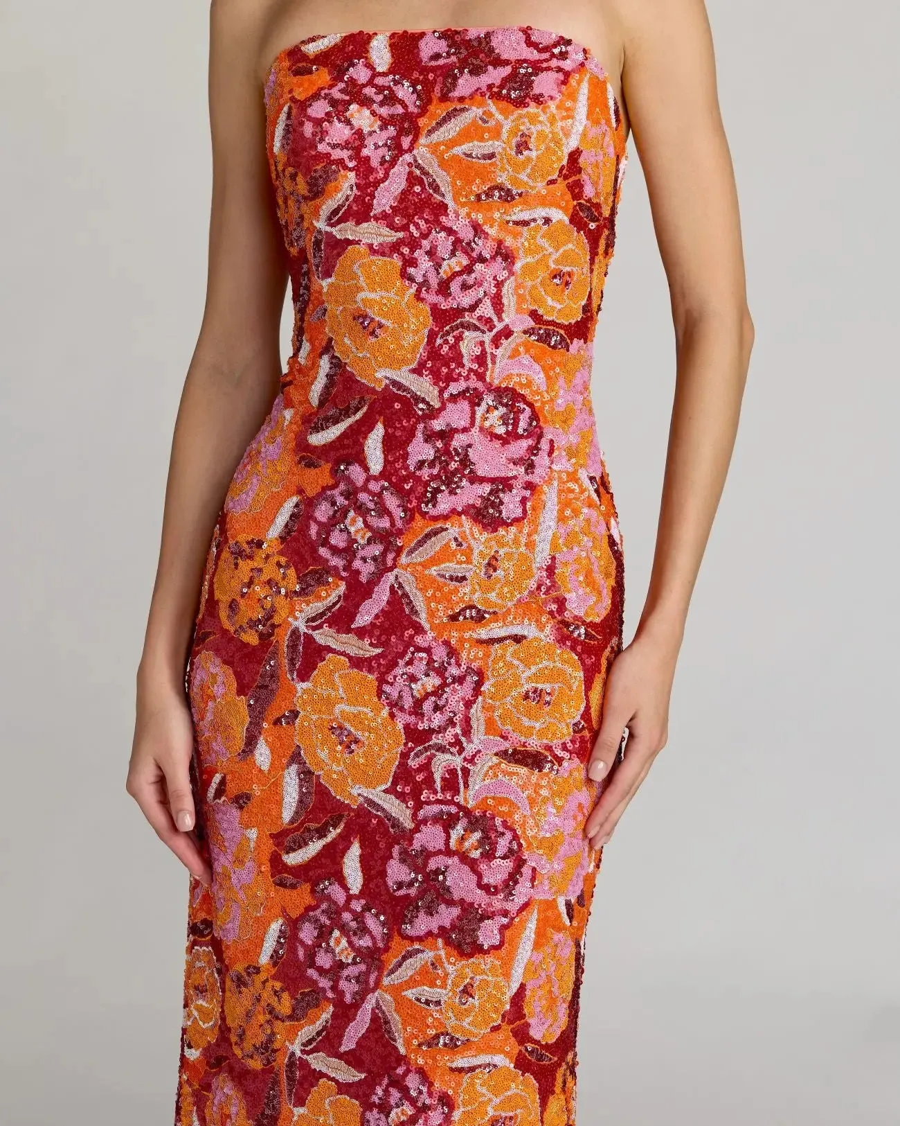 Pink and Orange Strapless Floral Sequin Midi Dress sold by Mac Duggal product image thumbnail 2